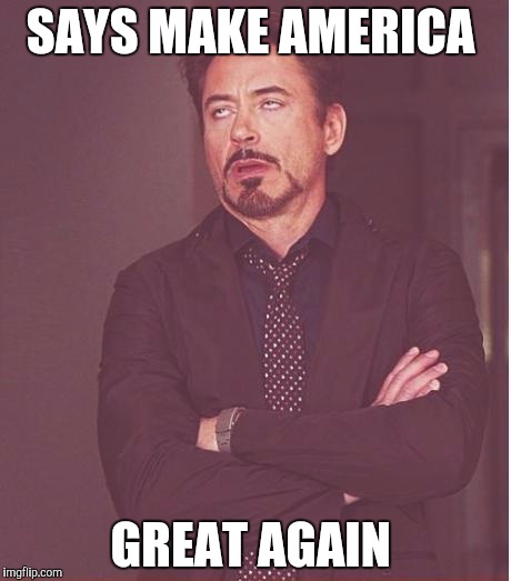 Face You Make Robert Downey Jr Meme | SAYS MAKE AMERICA; GREAT AGAIN | image tagged in memes,face you make robert downey jr | made w/ Imgflip meme maker