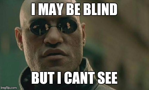 Matrix Morpheus Meme | I MAY BE BLIND; BUT I CANT SEE | image tagged in memes,matrix morpheus | made w/ Imgflip meme maker