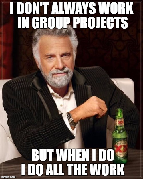 The Most Interesting Man In The World Meme | I DON'T ALWAYS WORK IN GROUP PROJECTS; BUT WHEN I DO I DO ALL THE WORK | image tagged in memes,the most interesting man in the world | made w/ Imgflip meme maker