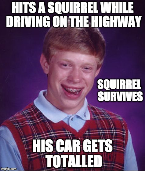 Bad Luck Brian Meme | HITS A SQUIRREL WHILE DRIVING ON THE HIGHWAY; SQUIRREL SURVIVES; HIS CAR GETS TOTALLED | image tagged in memes,bad luck brian | made w/ Imgflip meme maker