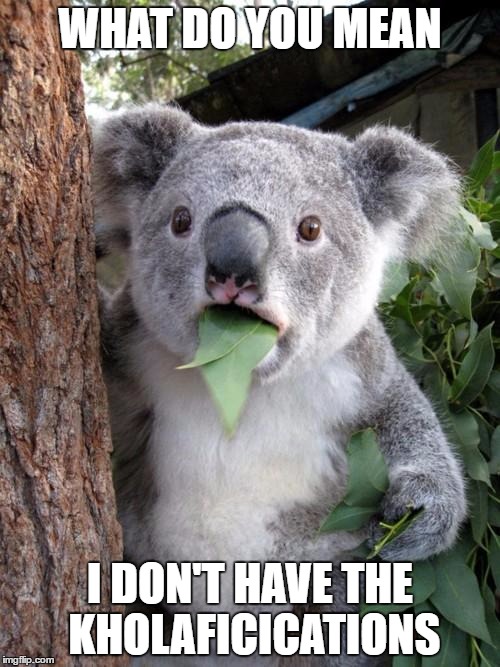 Surprised Koala Meme | WHAT DO YOU MEAN; I DON'T HAVE THE KHOLAFICICATIONS | image tagged in memes,surprised koala | made w/ Imgflip meme maker