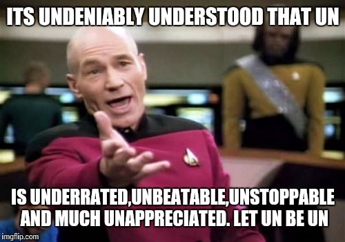 Picard Wtf Meme | ITS UNDENIABLY UNDERSTOOD THAT UN IS UNDERRATED,UNBEATABLE,UNSTOPPABLE AND MUCH UNAPPRECIATED. LET UN BE UN | image tagged in memes,picard wtf | made w/ Imgflip meme maker