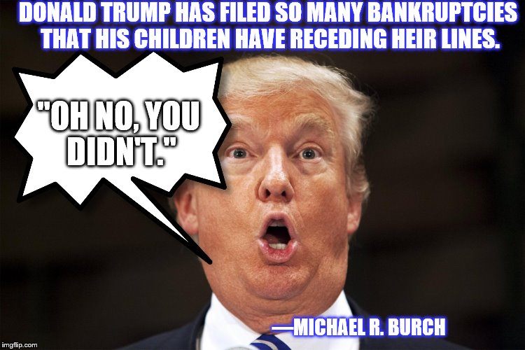 OH YES WE DID TRUMP | DONALD TRUMP HAS FILED SO MANY BANKRUPTCIES THAT HIS CHILDREN HAVE RECEDING HEIR LINES. "OH NO,
YOU DIDN'T."; ―MICHAEL R. BURCH | image tagged in donald trump,donald trump memes | made w/ Imgflip meme maker