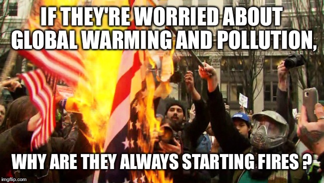 Protesters | IF THEY'RE WORRIED ABOUT GLOBAL WARMING AND POLLUTION, WHY ARE THEY ALWAYS STARTING FIRES ? | image tagged in memes,protesters | made w/ Imgflip meme maker