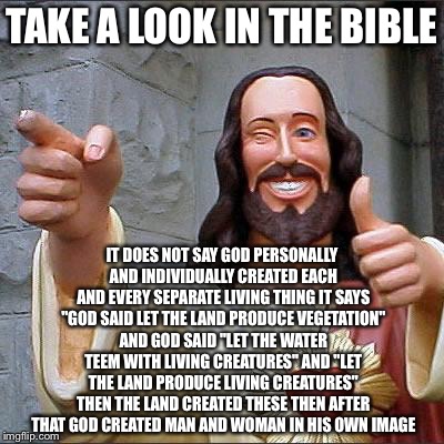 Jesus | TAKE A LOOK IN THE BIBLE IT DOES NOT SAY GOD PERSONALLY AND INDIVIDUALLY CREATED EACH AND EVERY SEPARATE LIVING THING IT SAYS "GOD SAID LET  | image tagged in jesus | made w/ Imgflip meme maker