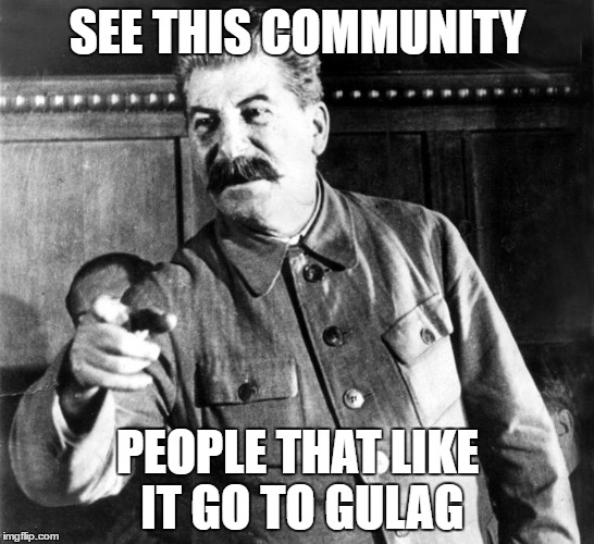 also use this on cringy communities | SEE THIS COMMUNITY; PEOPLE THAT LIKE IT GO TO GULAG | image tagged in stalin,cringe,gulag | made w/ Imgflip meme maker
