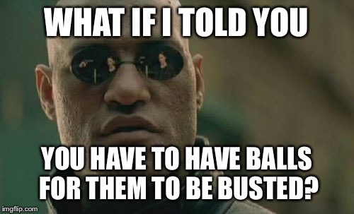 Matrix Morpheus Meme | WHAT IF I TOLD YOU; YOU HAVE TO HAVE BALLS FOR THEM TO BE BUSTED? | image tagged in memes,matrix morpheus | made w/ Imgflip meme maker