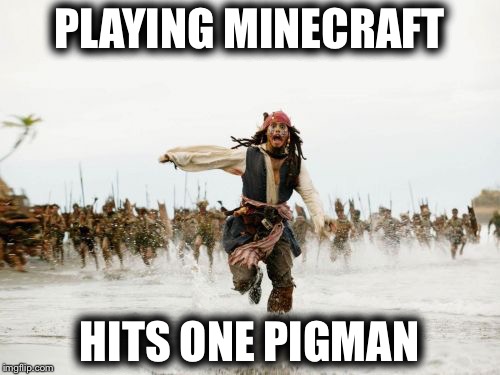 Jack Sparrow Being Chased Meme | PLAYING MINECRAFT; HITS ONE PIGMAN | image tagged in memes,jack sparrow being chased | made w/ Imgflip meme maker