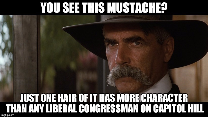 Sam Elliott Serious | YOU SEE THIS MUSTACHE? JUST ONE HAIR OF IT HAS MORE CHARACTER THAN ANY LIBERAL CONGRESSMAN ON CAPITOL HILL | image tagged in sam elliott serious | made w/ Imgflip meme maker