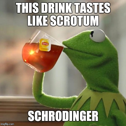 But That's None Of My Business Meme | THIS DRINK TASTES LIKE SCROTUM SCHRODINGER | image tagged in memes,but thats none of my business,kermit the frog | made w/ Imgflip meme maker