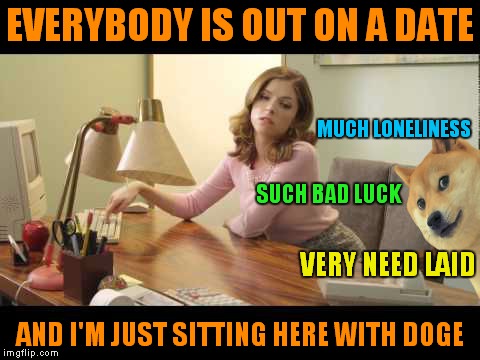 EVERYBODY IS OUT ON A DATE AND I'M JUST SITTING HERE WITH DOGE MUCH LONELINESS SUCH BAD LUCK VERY NEED LAID | made w/ Imgflip meme maker
