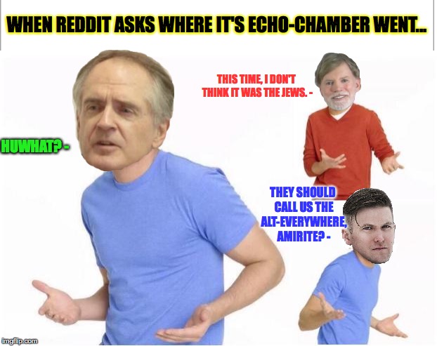 WHEN REDDIT ASKS WHERE IT'S ECHO-CHAMBER WENT... THIS TIME, I DON'T THINK IT WAS THE JEWS. -; HUWHAT? -; THEY SHOULD CALL US THE ALT-EVERYWHERE, AMIRITE? - | made w/ Imgflip meme maker