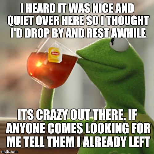 But That's None Of My Business Meme | I HEARD IT WAS NICE AND QUIET OVER HERE SO I THOUGHT I'D DROP BY AND REST AWHILE ITS CRAZY OUT THERE. IF ANYONE COMES LOOKING FOR ME TELL TH | image tagged in memes,but thats none of my business,kermit the frog | made w/ Imgflip meme maker