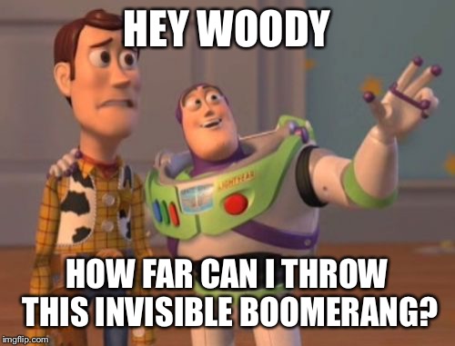 X, X Everywhere | HEY WOODY; HOW FAR CAN I THROW THIS INVISIBLE BOOMERANG? | image tagged in memes,x x everywhere | made w/ Imgflip meme maker