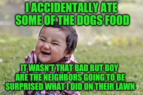Evil Toddler | I ACCIDENTALLY ATE SOME OF THE DOGS FOOD; IT WASN'T THAT BAD BUT BOY ARE THE NEIGHBORS GOING TO BE SURPRISED WHAT I DID ON THEIR LAWN | image tagged in memes,evil toddler | made w/ Imgflip meme maker