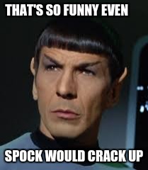 Spock | THAT'S SO FUNNY EVEN SPOCK WOULD CRACK UP | image tagged in spock | made w/ Imgflip meme maker