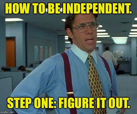 Independence? MURICA. | HOW TO BE INDEPENDENT. STEP ONE: FIGURE IT OUT. | image tagged in memes,that would be great,dank memes,funny memes | made w/ Imgflip meme maker