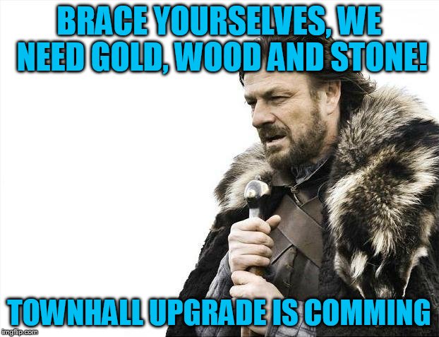 Brace Yourselves townhall is coming | BRACE YOURSELVES, WE NEED GOLD, WOOD AND STONE! TOWNHALL UPGRADE IS COMMING | image tagged in memes,brace yourselves x is coming | made w/ Imgflip meme maker