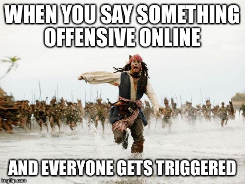 Jack Sparrow Being Chased Meme | WHEN YOU SAY SOMETHING OFFENSIVE ONLINE; AND EVERYONE GETS TRIGGERED | image tagged in memes,jack sparrow being chased | made w/ Imgflip meme maker