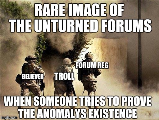 marines run towards the sound of chaos, that's nice! the army ta | RARE IMAGE OF THE UNTURNED FORUMS; FORUM REG; BELIEVER; TROLL; WHEN SOMEONE TRIES TO PROVE THE ANOMALYS EXISTENCE | image tagged in marines run towards the sound of chaos that's nice! the army ta | made w/ Imgflip meme maker