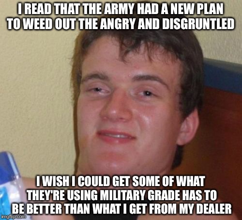 10 Guy Meme | I READ THAT THE ARMY HAD A NEW PLAN TO WEED OUT THE ANGRY AND DISGRUNTLED; I WISH I COULD GET SOME OF WHAT THEY'RE USING MILITARY GRADE HAS TO BE BETTER THAN WHAT I GET FROM MY DEALER | image tagged in memes,10 guy | made w/ Imgflip meme maker