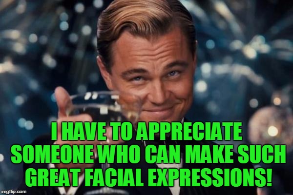 Leonardo Dicaprio Cheers Meme | I HAVE TO APPRECIATE SOMEONE WHO CAN MAKE SUCH GREAT FACIAL EXPRESSIONS! | image tagged in memes,leonardo dicaprio cheers | made w/ Imgflip meme maker