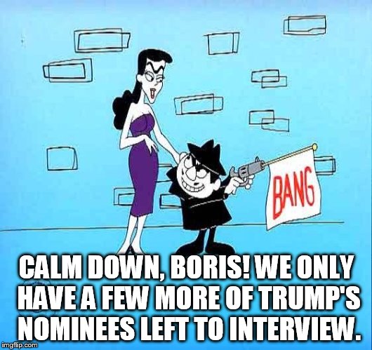 Boris and Natasha | CALM DOWN, BORIS! WE ONLY HAVE A FEW MORE OF TRUMP'S NOMINEES LEFT TO INTERVIEW. | image tagged in boris and natasha | made w/ Imgflip meme maker