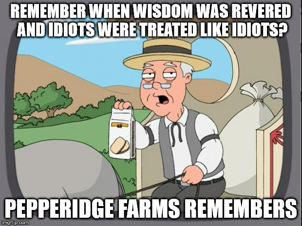 Pepridge farms | REMEMBER WHEN WISDOM WAS REVERED AND IDIOTS WERE TREATED LIKE IDIOTS? PEPPERIDGE FARMS REMEMBERS | image tagged in pepridge farms | made w/ Imgflip meme maker