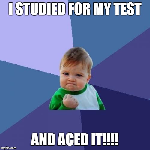 Success Kid Meme | I STUDIED FOR MY TEST; AND ACED IT!!!! | image tagged in memes,success kid | made w/ Imgflip meme maker