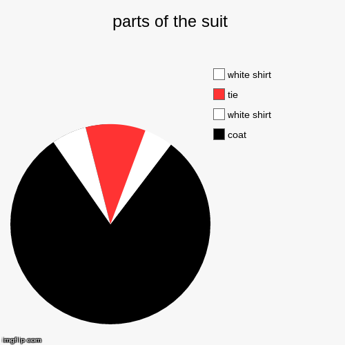 parts of the suit | coat, white shirt, tie, white shirt | image tagged in funny,pie charts | made w/ Imgflip chart maker
