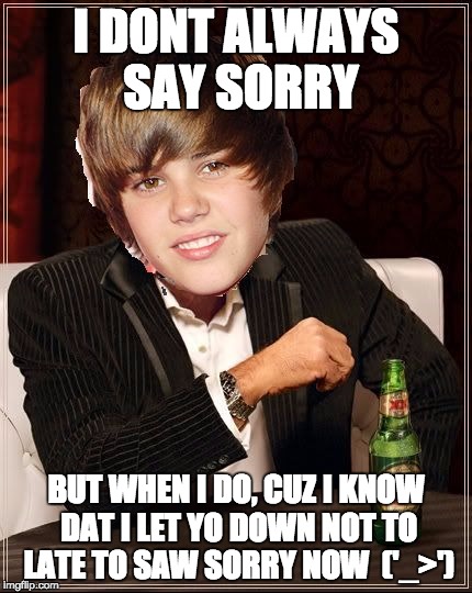 The Most Interesting Justin Bieber | I DONT ALWAYS SAY SORRY; BUT WHEN I DO, CUZ I KNOW DAT I LET YO DOWN NOT TO LATE TO SAW SORRY NOW  ('_>') | image tagged in memes,the most interesting justin bieber | made w/ Imgflip meme maker