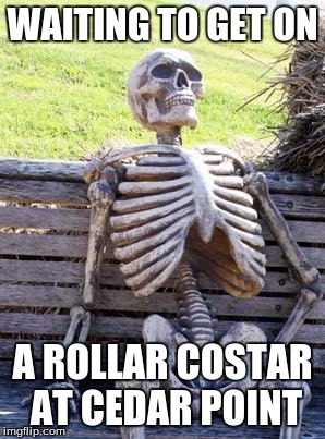 Waiting for rides at Cedar Point | WAITING TO GET ON; A ROLLAR COSTAR AT CEDAR POINT | image tagged in memes,waiting skeleton | made w/ Imgflip meme maker