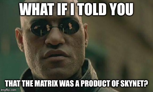 Matrix Morpheus Meme | WHAT IF I TOLD YOU; THAT THE MATRIX WAS A PRODUCT OF SKYNET? | image tagged in memes,matrix morpheus | made w/ Imgflip meme maker