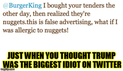 making trump look smart on twitter | JUST WHEN YOU THOUGHT TRUMP WAS THE BIGGEST IDIOT ON TWITTER | image tagged in donald trump,burger king,funny memes,morons,special kind of stupid,stupid people | made w/ Imgflip meme maker