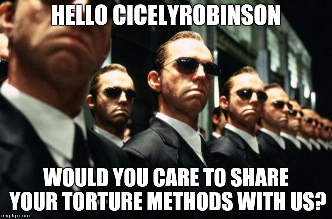 HELLO CICELYROBINSON WOULD YOU CARE TO SHARE YOUR TORTURE METHODS WITH US? | made w/ Imgflip meme maker