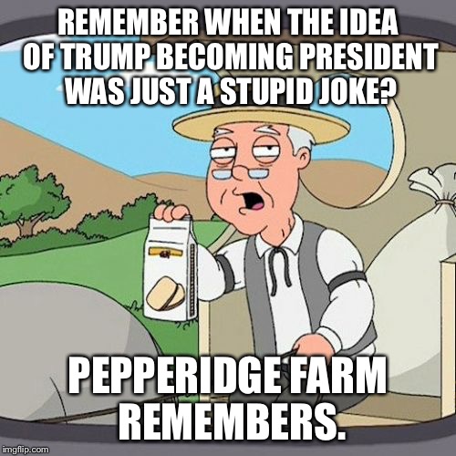 Pepperidge Farm Remembers | REMEMBER WHEN THE IDEA OF TRUMP BECOMING PRESIDENT WAS JUST A STUPID JOKE? PEPPERIDGE FARM REMEMBERS. | image tagged in memes,pepperidge farm remembers | made w/ Imgflip meme maker