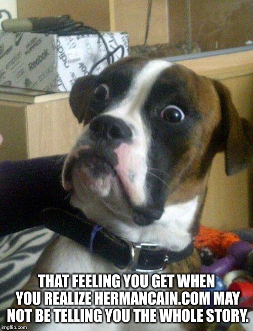 Blankie the Shocked Dog | THAT FEELING YOU GET WHEN YOU REALIZE HERMANCAIN.COM MAY NOT BE TELLING YOU THE WHOLE STORY. | image tagged in blankie the shocked dog | made w/ Imgflip meme maker