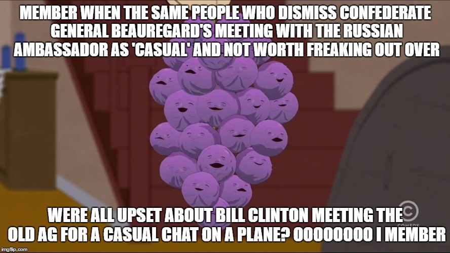 Member Berries Meme | MEMBER WHEN THE SAME PEOPLE WHO DISMISS CONFEDERATE GENERAL BEAUREGARD'S MEETING WITH THE RUSSIAN AMBASSADOR AS 'CASUAL' AND NOT WORTH FREAKING OUT OVER; WERE ALL UPSET ABOUT BILL CLINTON MEETING THE OLD AG FOR A CASUAL CHAT ON A PLANE? OOOOOOOO I MEMBER | image tagged in memes,member berries | made w/ Imgflip meme maker