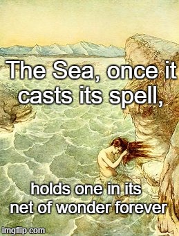 Seaspell Mermaid | The Sea, once it casts its spell, holds one in its net of wonder forever | image tagged in mermaid,sea,seashore,hair,sea cliff,waves | made w/ Imgflip meme maker