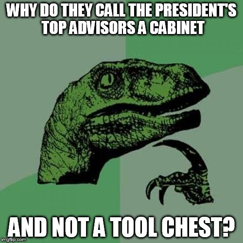 Each One Serves A Special Purpose | WHY DO THEY CALL THE PRESIDENT'S TOP ADVISORS A CABINET; AND NOT A TOOL CHEST? | image tagged in memes,philosoraptor | made w/ Imgflip meme maker