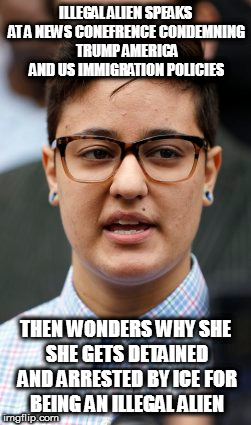 ILLEGAL ALIEN SPEAKS AT A NEWS CONEFRENCE CONDEMNING TRUMP AMERICA AND US IMMIGRATION POLICIES; THEN WONDERS WHY SHE SHE GETS DETAINED AND ARRESTED BY ICE FOR BEING AN ILLEGAL ALIEN | image tagged in immigration dreamer illegal alien trump ice news press conference daniela vargas | made w/ Imgflip meme maker