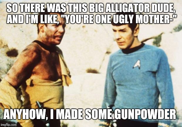 Beat up Captain Kirk | SO THERE WAS THIS BIG ALLIGATOR DUDE, AND I'M LIKE, "YOU'RE ONE UGLY MOTHER-"; ANYHOW, I MADE SOME GUNPOWDER | image tagged in beat up captain kirk | made w/ Imgflip meme maker