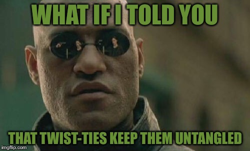 Matrix Morpheus Meme | WHAT IF I TOLD YOU THAT TWIST-TIES KEEP THEM UNTANGLED | image tagged in memes,matrix morpheus | made w/ Imgflip meme maker