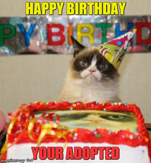 Grumpy Cat Birthday | HAPPY BIRTHDAY; YOUR ADOPTED | image tagged in memes,grumpy cat birthday,grumpy cat | made w/ Imgflip meme maker