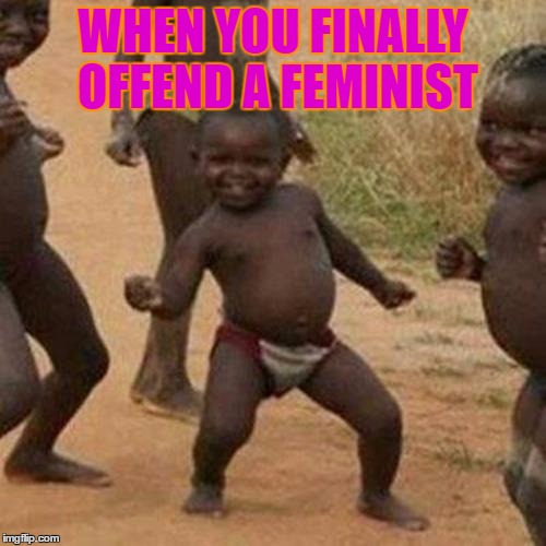 Third World Success Kid | WHEN YOU FINALLY OFFEND A FEMINIST | image tagged in memes,third world success kid | made w/ Imgflip meme maker