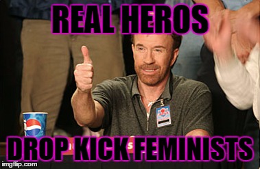 Chuck Norris Approves Meme | REAL HEROS; DROP KICK FEMINISTS | image tagged in memes,chuck norris approves,chuck norris | made w/ Imgflip meme maker