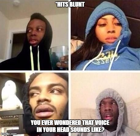 *Hits blunt | *HITS BLUNT; YOU EVER WONDERED THAT VOICE IN YOUR HEAD SOUNDS LIKE? | image tagged in hits blunt | made w/ Imgflip meme maker