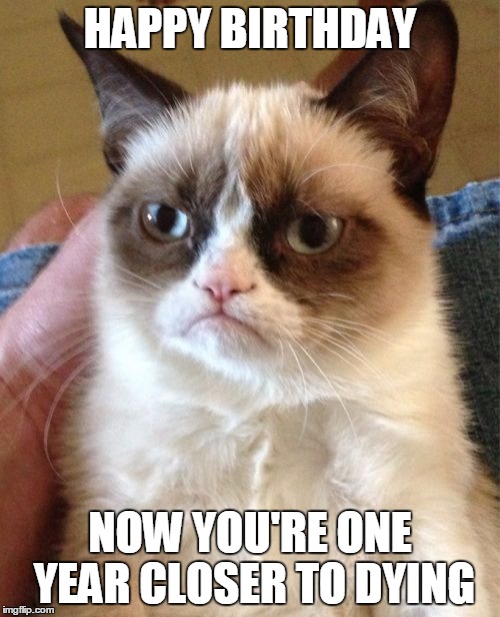 Grumpy Cat Meme | HAPPY BIRTHDAY; NOW YOU'RE ONE YEAR CLOSER TO DYING | image tagged in memes,grumpy cat | made w/ Imgflip meme maker