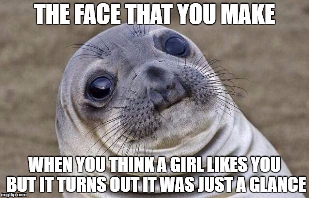 Seal Troubles | THE FACE THAT YOU MAKE; WHEN YOU THINK A GIRL LIKES YOU BUT IT TURNS OUT IT WAS JUST A GLANCE | image tagged in memes,awkward moment sealion | made w/ Imgflip meme maker