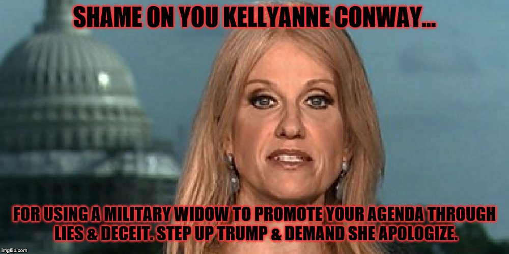 KELLYANNE CONWAY IS UNAMERICAN | SHAME ON YOU KELLYANNE CONWAY... FOR USING A MILITARY WIDOW TO PROMOTE YOUR AGENDA THROUGH LIES & DECEIT. STEP UP TRUMP & DEMAND SHE APOLOGIZE. | image tagged in kellyanne conway alternative facts,kellyanne conway | made w/ Imgflip meme maker